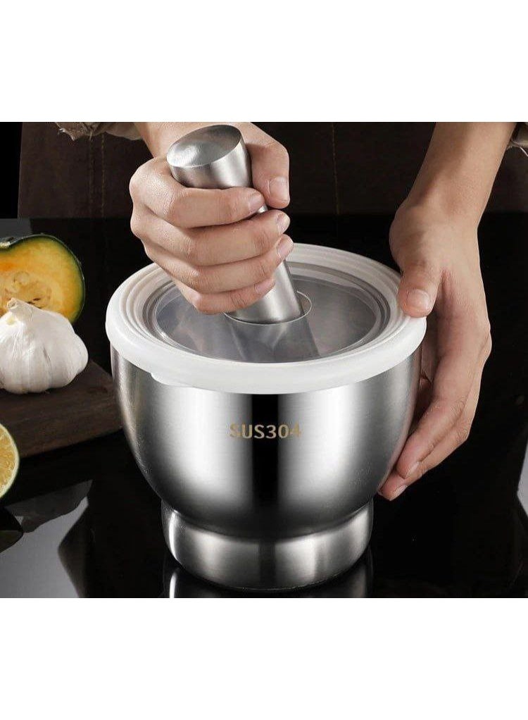 Large Stainless Steel Mortar and Pestle Set 13 cm Heavy Duty Grinder with Lid and Base for Herbs and Spices – Durable Kitchen Tool for Grinding, Crushing, and Mixing - Image 1